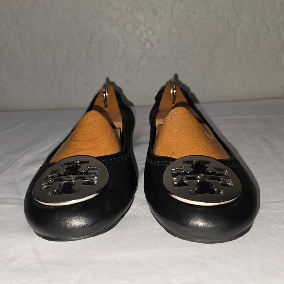 Tory Burch Reva Black Leather Silver Medallion Ballet Flats Women's Size 9.5 M - Picture 6 of 11